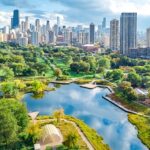 Chicago,Skyline,Aerial,Drone,View,From,Above,,Lake,Michigan,And